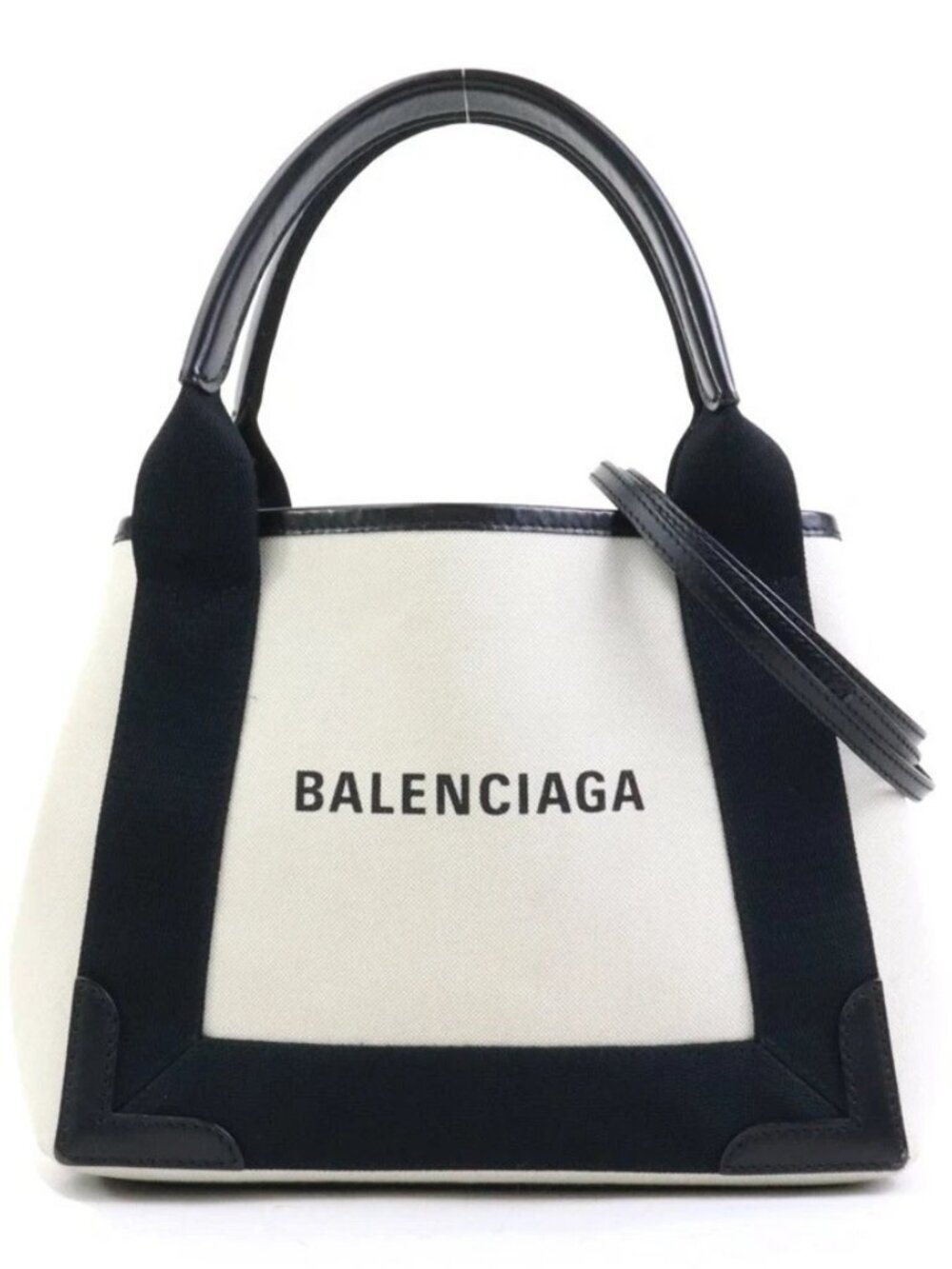 BALENCIAGA Navy Cabas XS Handbag Shoulder Bag Off White/Black